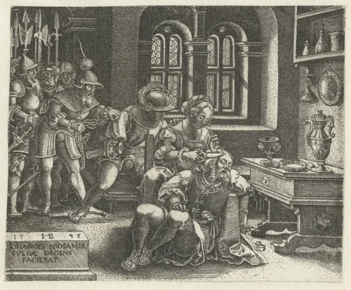 Delila knipt het haar van slapende Simson (Samson) terwijl Filistijnen wachten by Unknown, print, 1545