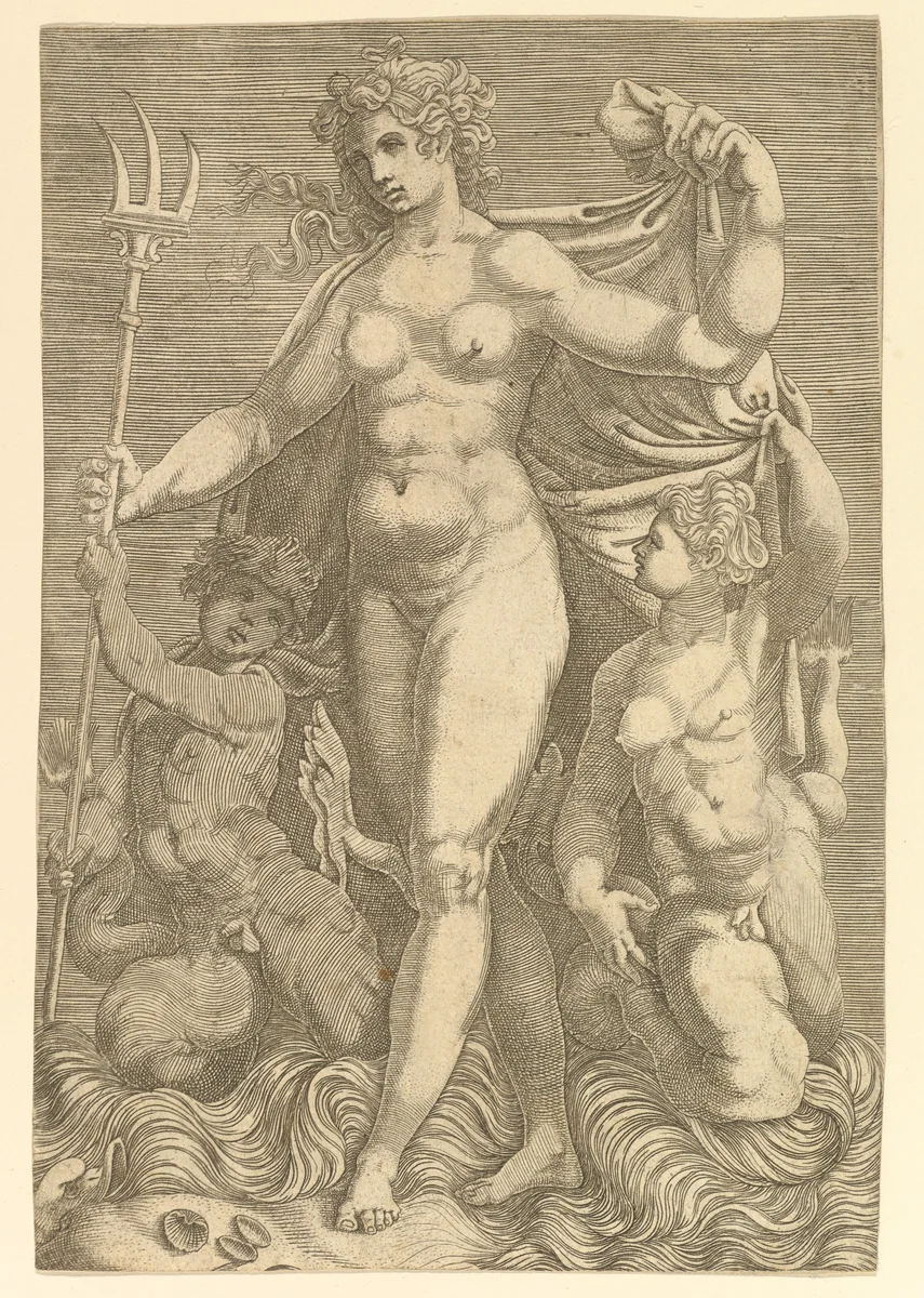 Thetis Standing with Two Tritons by anonymous, print, 1550-1600