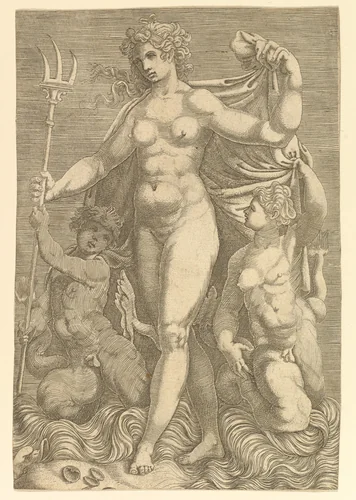 Thetis Standing with Two Tritons by anonymous, print, 1550-1600