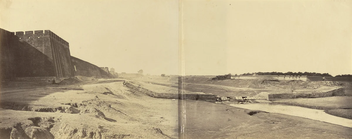 Position Taken up by the English and French within the Enclosure of the Temple of the Earth Preparatory to Opening Fire on Pekin on 21st October 1860. Also Wall of Pekin and Anting Gate (Gate of Peace) Surrendered to the Allies on the Same Date, by Felice Beato, photograph, 1860