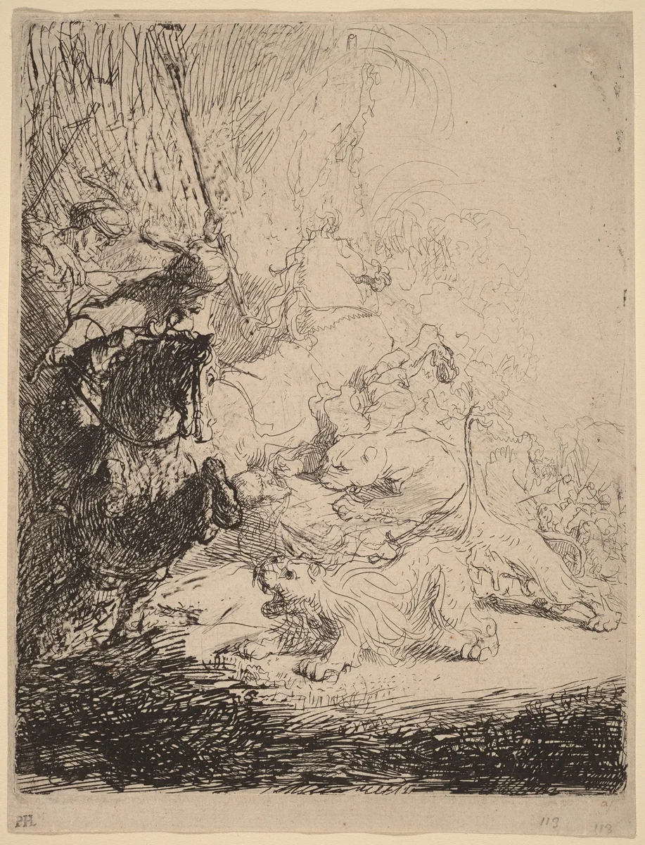 The Small Lion Hunt (with Two Lions) by Rembrandt van Rijn, print, 1632