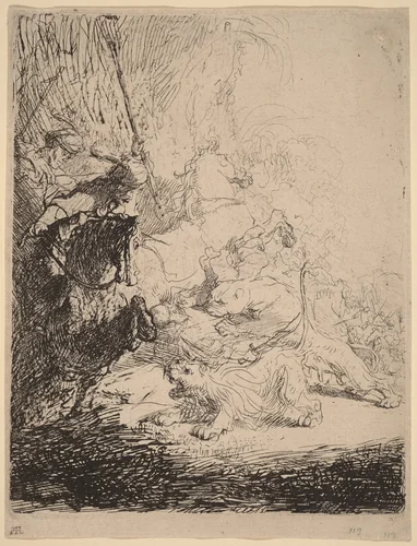 The Small Lion Hunt (with Two Lions) by Rembrandt van Rijn, print, 1632
