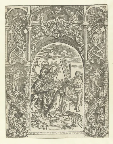 Kruisdraging met ornamentele omlijsting by Jacob Cornelisz van Oostsanen, print, 1507