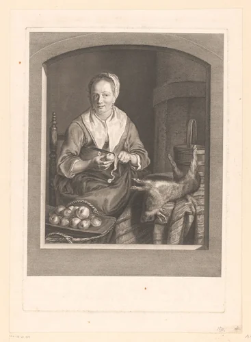 Appelschillende vrouw in keukeninterieur by Jean Daullé, print, 1762