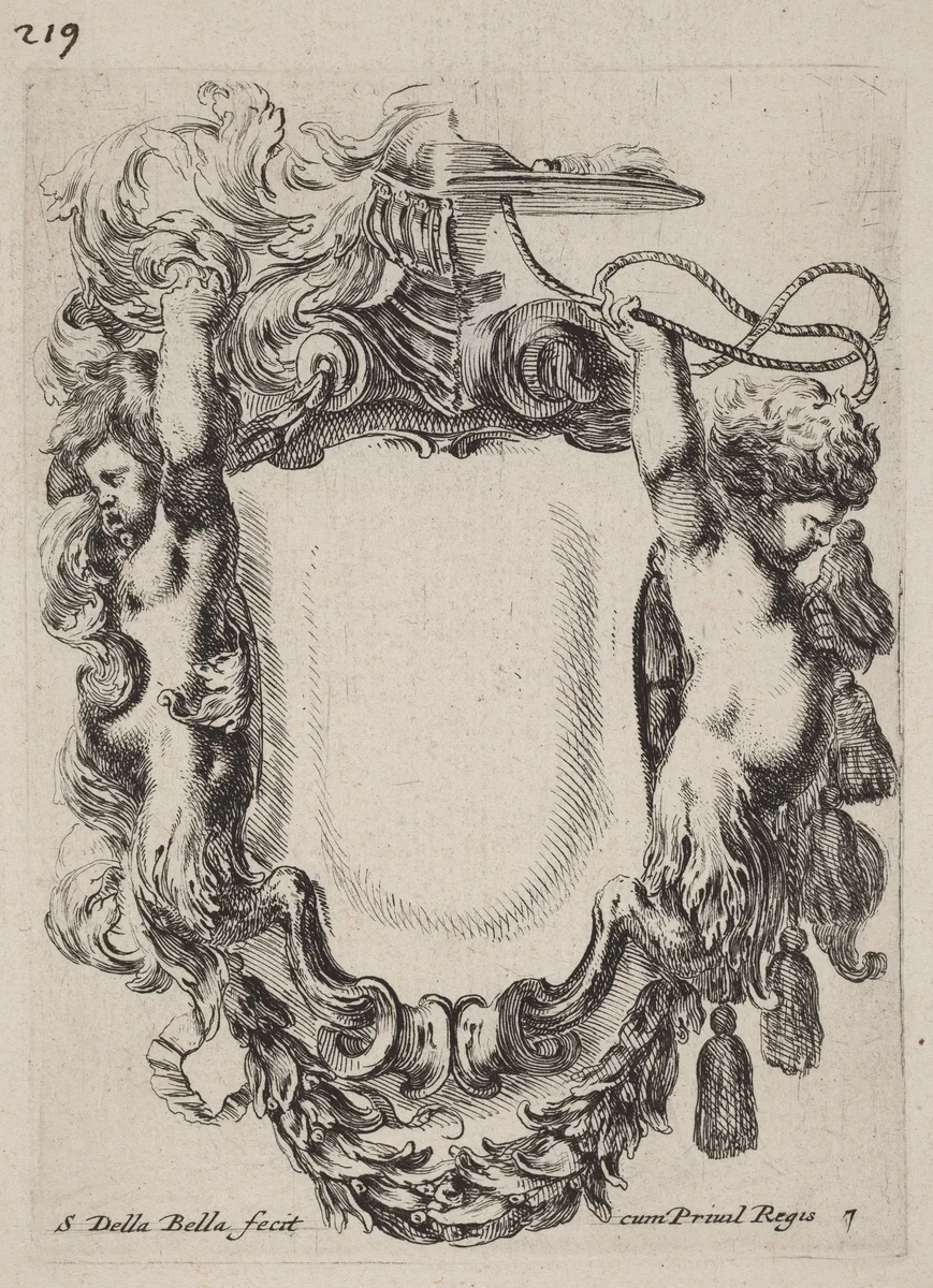 Cartouche with Infant Satyrs by Stefano della Bella, print, 1647