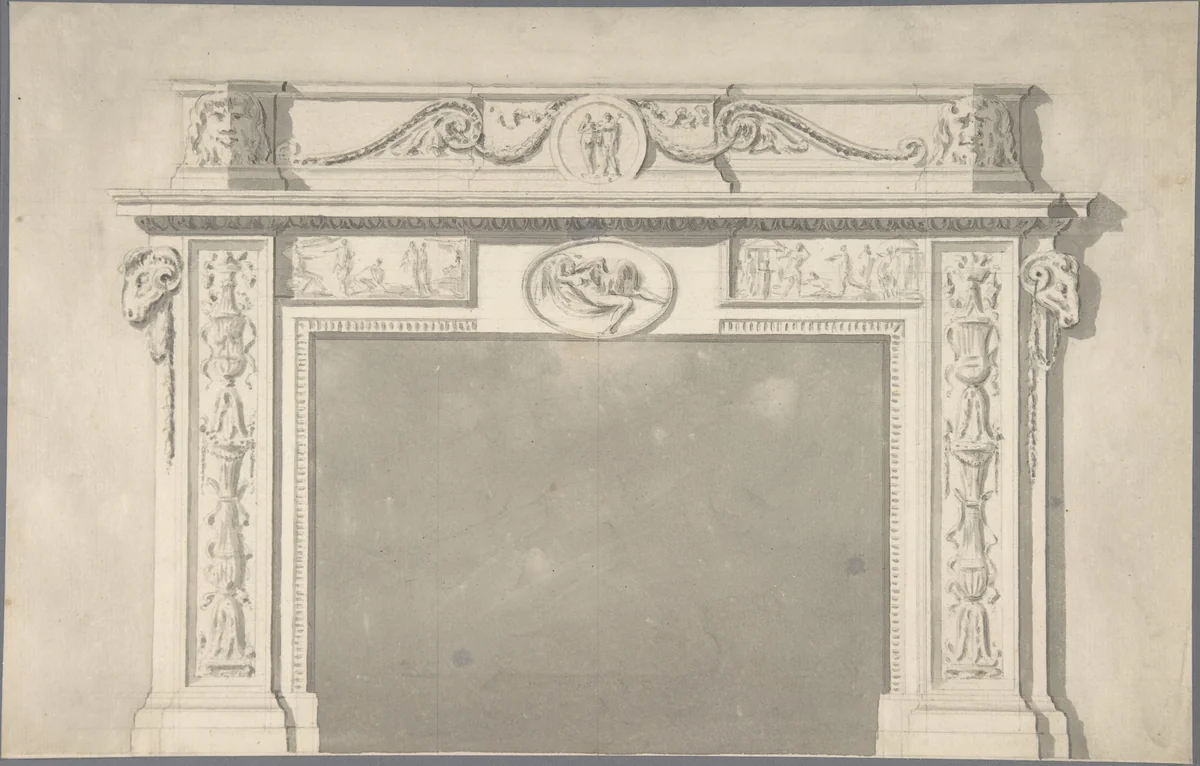 Design for a Classical Chimneypiece with Rams Heads, and Leda and the Swan by Sir William Chambers, drawing, 1745-1800