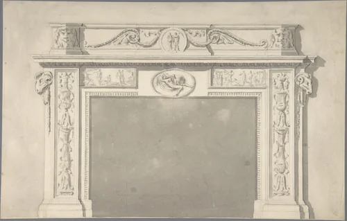 Design for a Classical Chimneypiece with Rams Heads, and Leda and the Swan by Sir William Chambers, drawing, 1745-1800