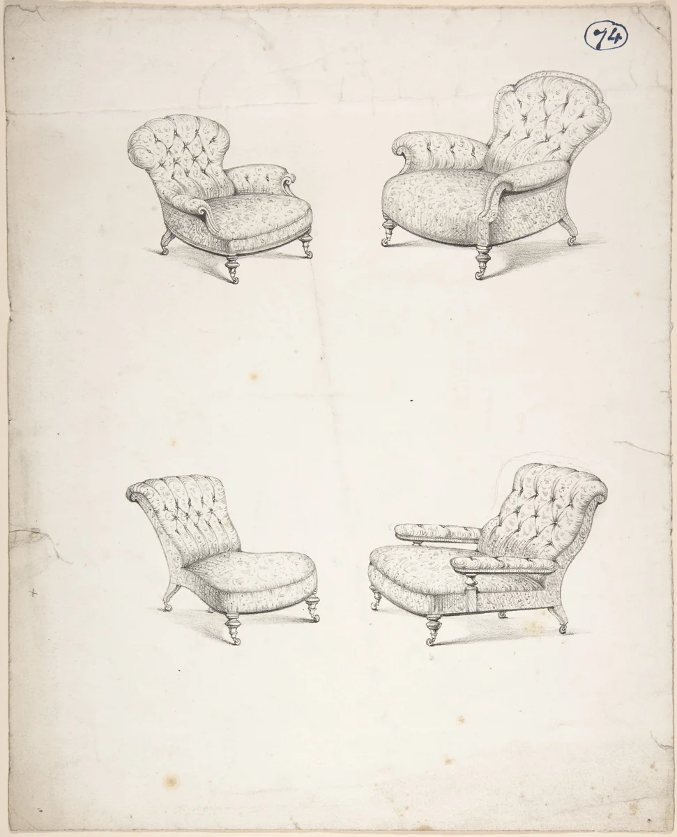 Designs for Four Upholstered Chairs by Charles Hindley and Sons, drawing, 1841-1884