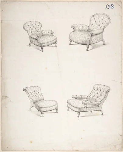 Designs for Four Upholstered Chairs by Charles Hindley and Sons, drawing, 1841-1884