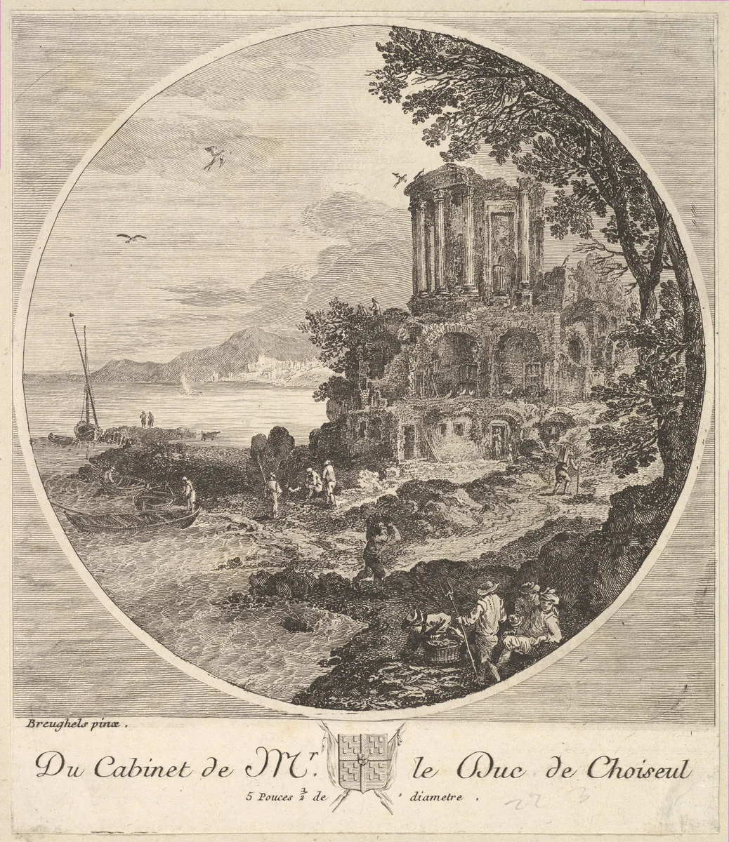 Seascape with the Ruins of the Temple of the Sybil at Tivoli after a painting in the cabinet of the Duc de Choiseul by anonymous, print, 1700-1790
