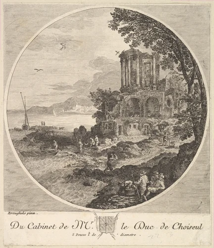Seascape with the Ruins of the Temple of the Sybil at Tivoli after a painting in the cabinet of the Duc de Choiseul by anonymous, print, 1700-1790
