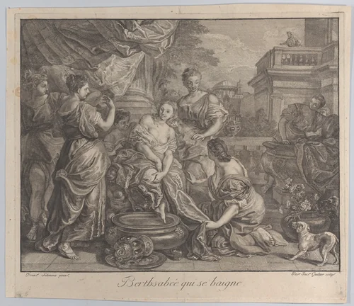 Bathsheba at her bath, with attendants surrounding her by Pierre Jacques Gaultier, print, 1735-1745
