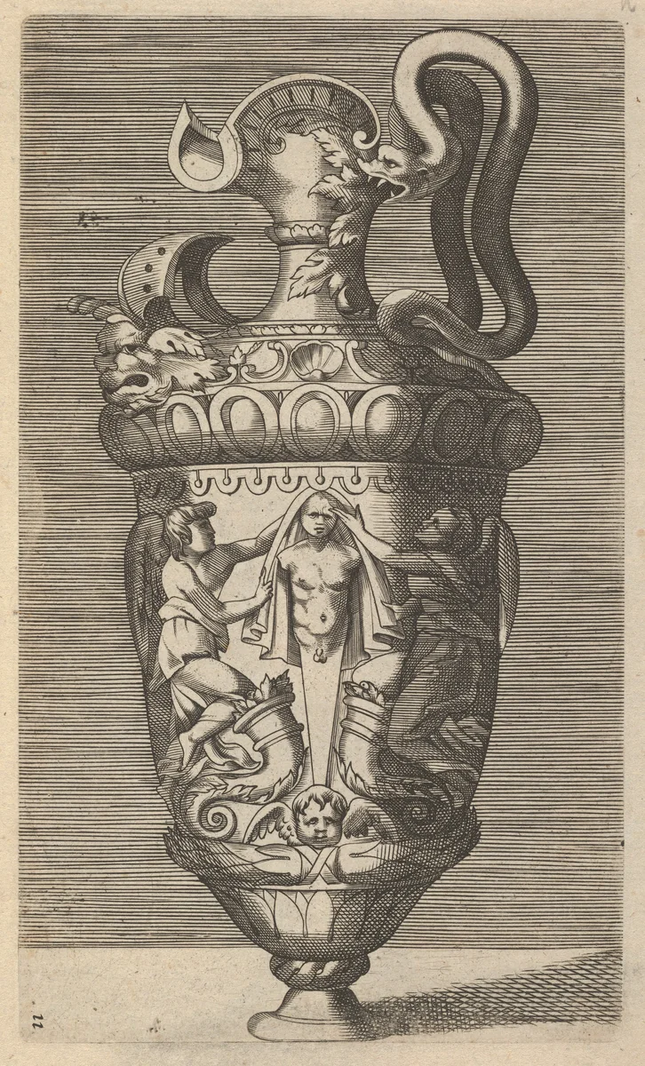 Vase with Two Winged Figures Draping a Term by René Boyvin, print, 1670-1700