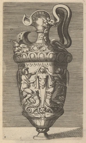 Vase with Two Winged Figures Draping a Term by René Boyvin, print, 1670-1700