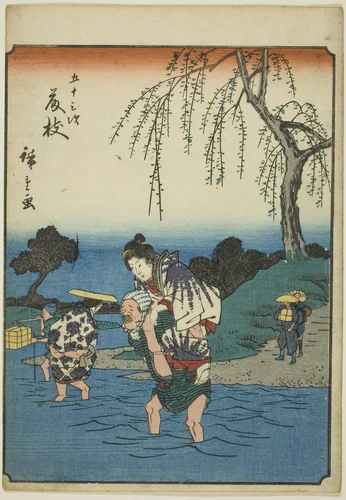 Fujieda, from the series "Fifty-three Stations [of the Tokaido] (Gojusan tsugi)," also known as the Figure Tokaido (Jinbutsu Tokaido) by Utagawa Hiroshige (歌川広重), print, 1852