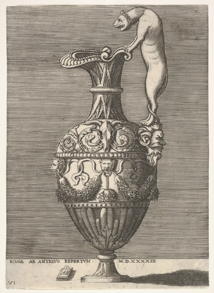 Antique Ewer with a Handle in the Shape of a Lioness, from "Vases after the Antique" by Enea Vico, print, 1543