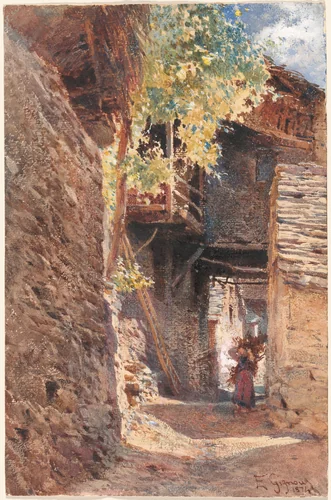 A Village Street in Northern Italy by Eugenio Gignous, drawing, 1874