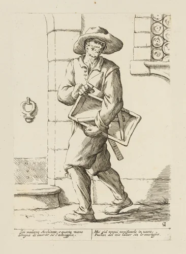 Mason, from Di Bologna l'Arti per via D'An.ibal' Ca.rac, plate 10 by Giuseppe Maria Mitelli, print, 1660