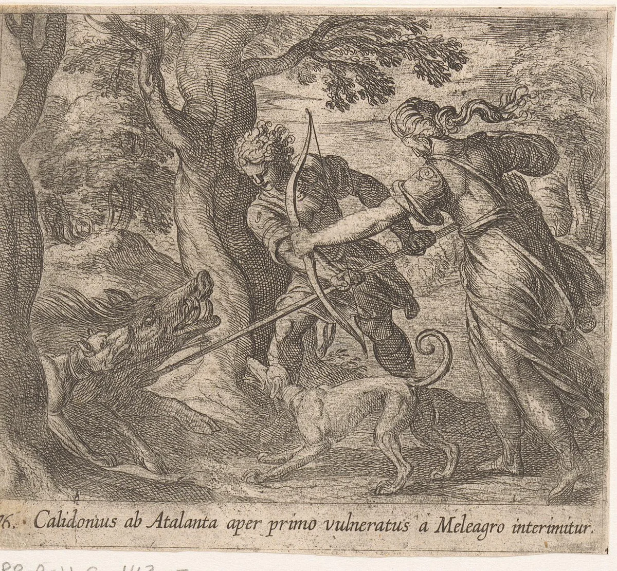 Atalanta en Meleager doden het zwijn by Antonio Tempesta, print, 1606-1638