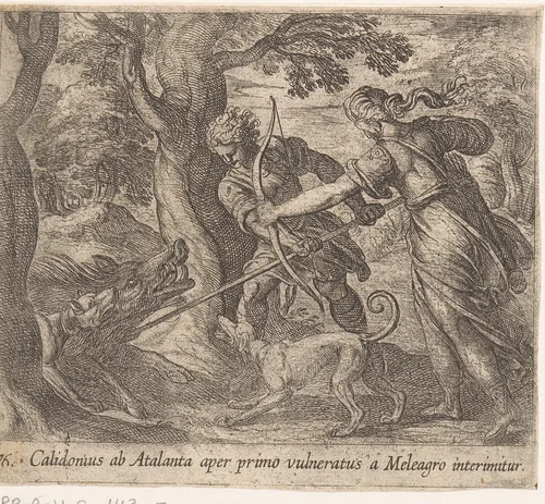 Atalanta en Meleager doden het zwijn by Antonio Tempesta, print, 1606-1638