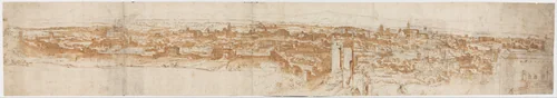 View of Rome from the Janiculum in the South-West; verso: Sketch of buildings and plants by Anthonis van den Wijngaerde, drawing, 1535-1555