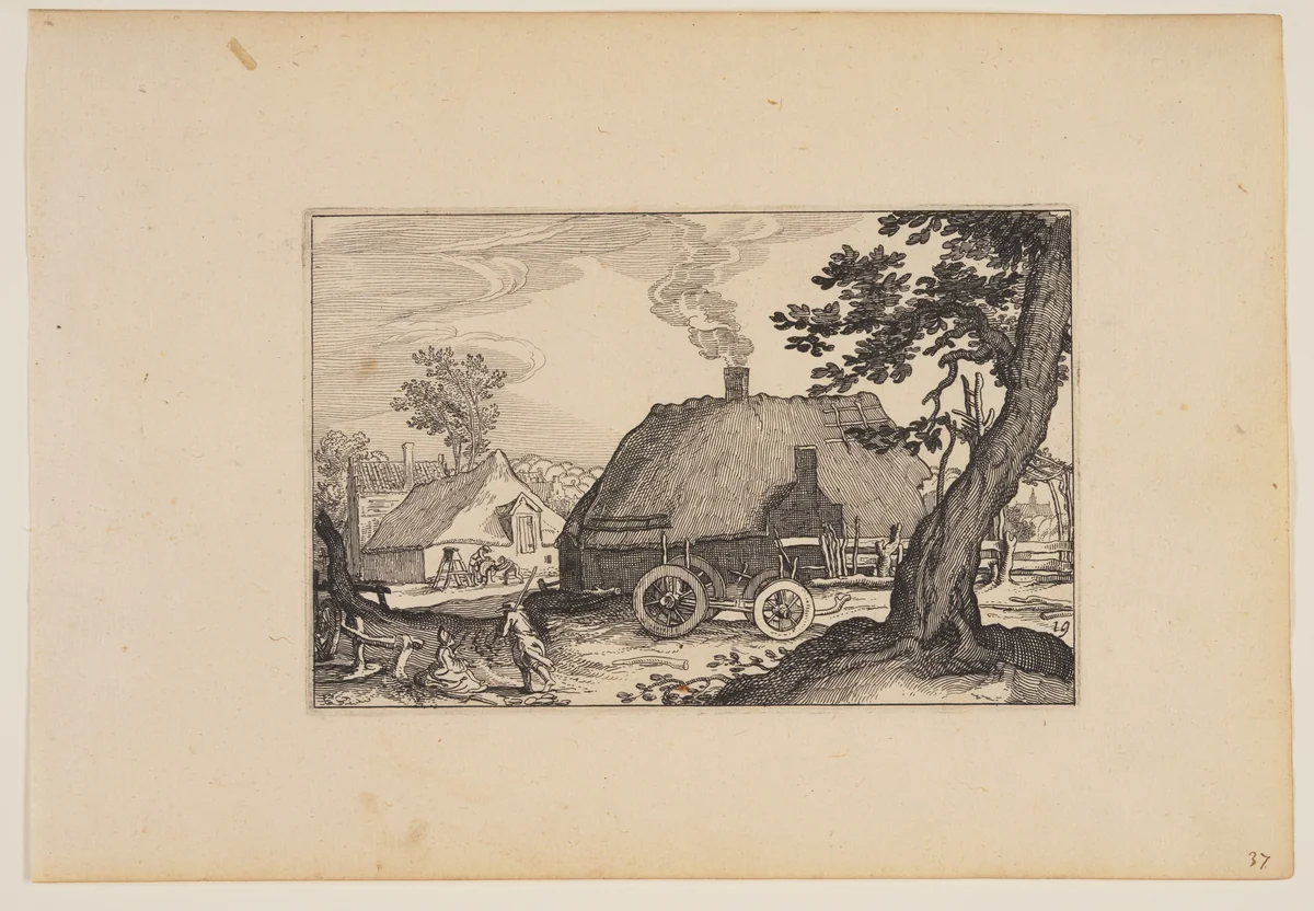 Farms, Chassis of a Cart in Centre, from Landscapes (Verscheyden aerdige Lanthuysen...) by Claes Jansz Visscher, print, 1620