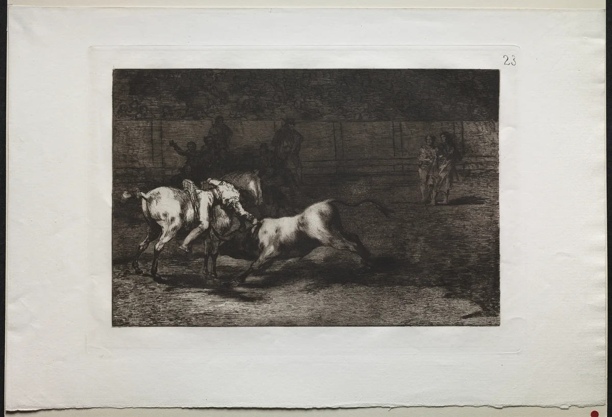 Bullfights: Mariano Ceballos, Alias the Indian, Kills the Bull From his Horse by Francisco de Goya, print, 1816-1876