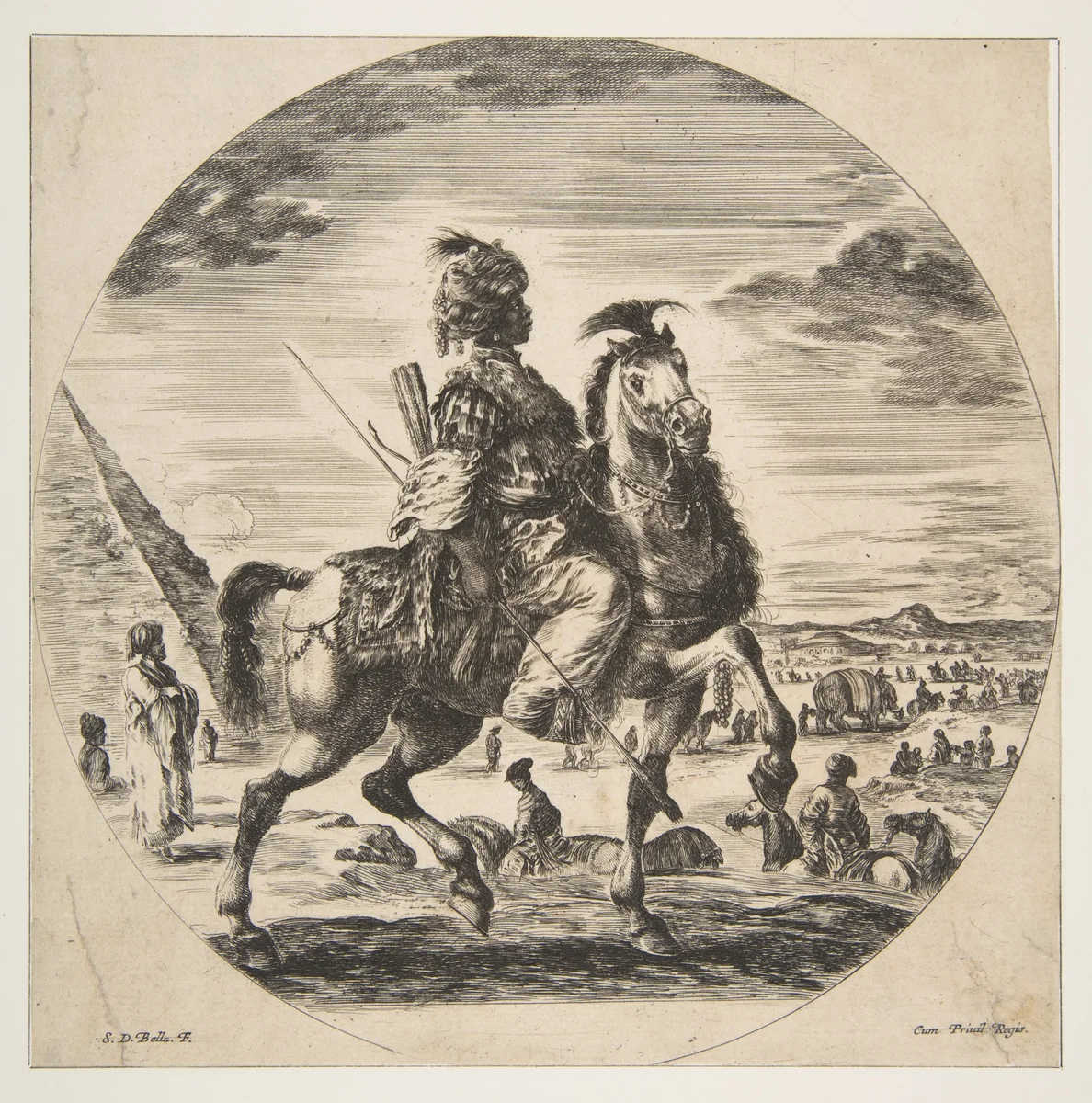 Moorish horseman in profile facing right, in the background a pyramid at left, many figures and an elephant, from 'Figures on Horseback' (Cavaliers nègres, polonais et hongrois) by Stefano della Bella, print, 1646-1656