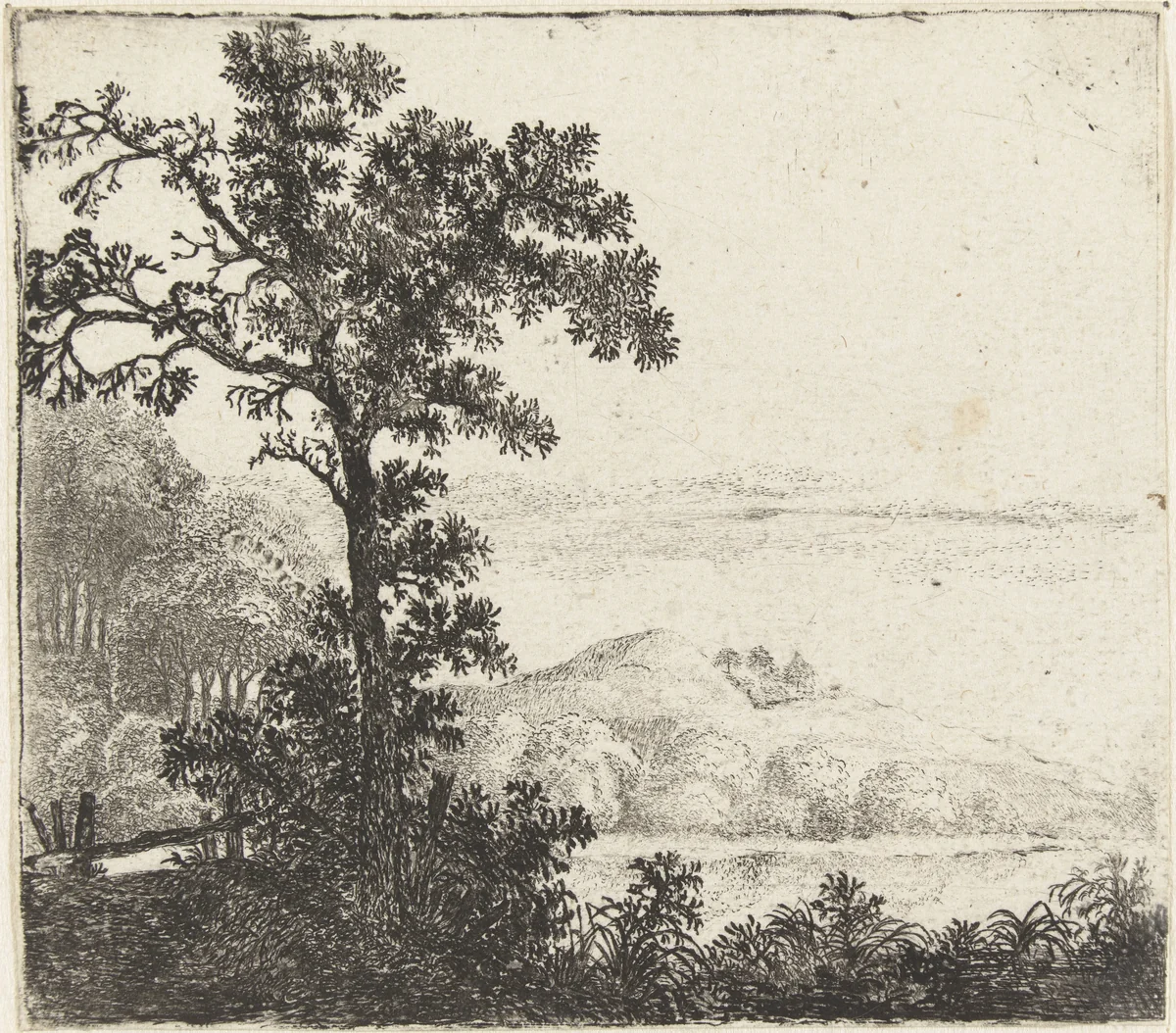 Landschap met boom bij een rivieroever by Jan van Brosterhuyzen, print, 1610-1650