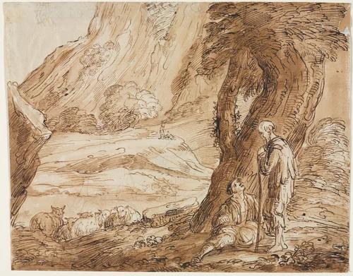 Landscape with Sheep and Two Shepherds by Thomas Barker, drawing, 1800-1847