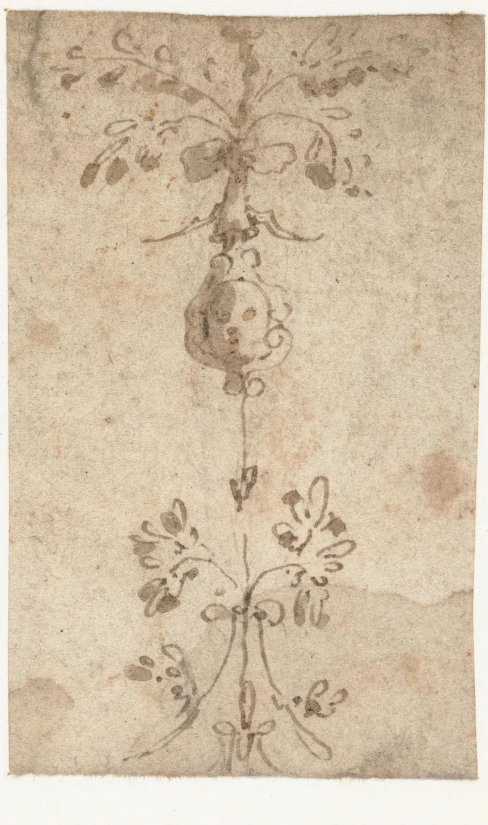 Kandelaber met een masker en boeketten by Lambert Lombard, drawing, 1515-1566