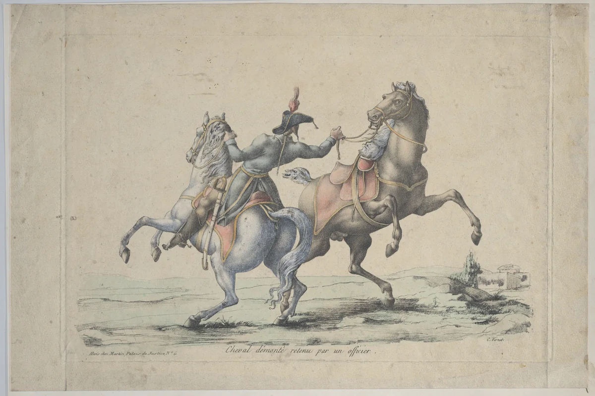A Dismounted Horse Reined in by an Officer by Antoine Charles Horace Vernet, print, 1770-1836