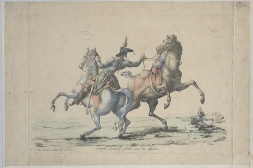 A Dismounted Horse Reined in by an Officer by Antoine Charles Horace Vernet, print, 1770-1836
