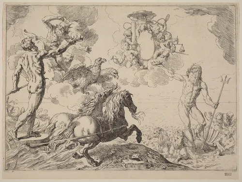 Jupiter, Neptune and Pluto by Simone Cantarini, print, 1612-1648