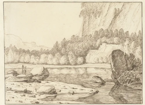 Meer in rotsachtig landschap by Jacob Esselens, drawing, 1636-1687