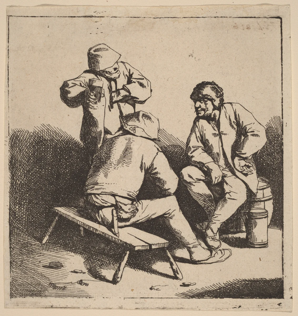 The Three Drinkers by Cornelis Bega, print, 1631-1664