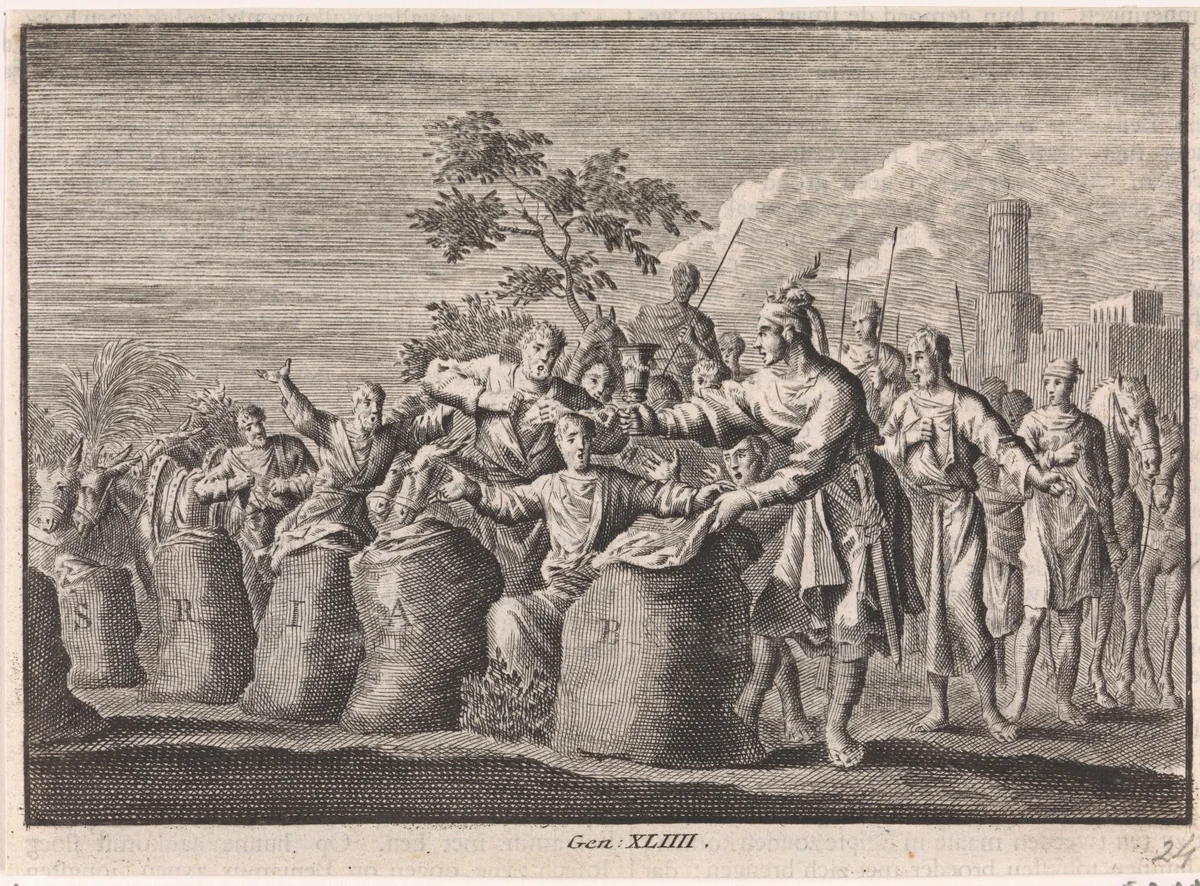 Jozefs zilveren beker wordt in de zak van Benjamin gevonden by Jan Luyken, print, 1703-1762