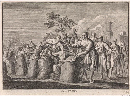 Jozefs zilveren beker wordt in de zak van Benjamin gevonden by Jan Luyken, print, 1703-1762