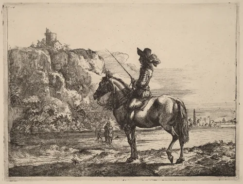 River Landscape with Horseman by Jacob Duck, print, 1600-1667