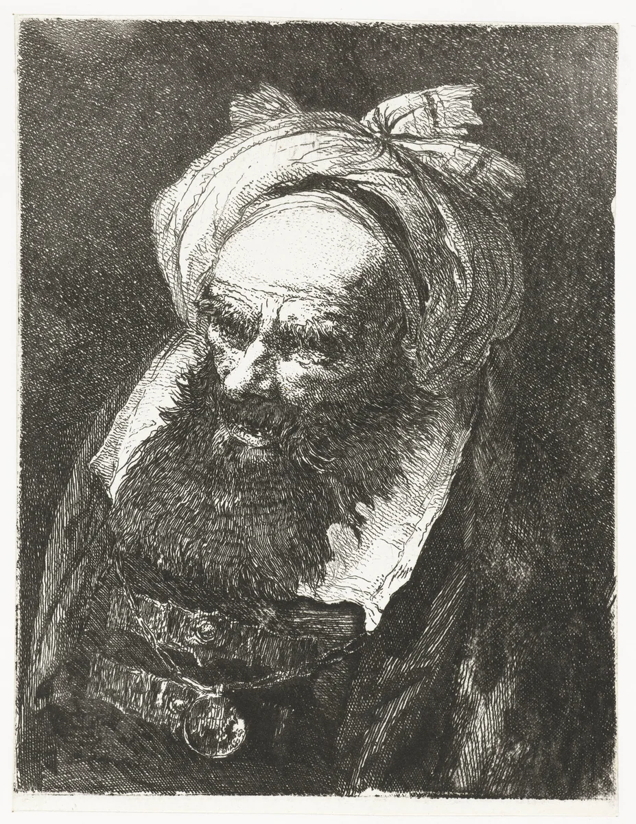 Oude man met tulband by Giovanni Domenico Tiepolo, print, 1757-1758