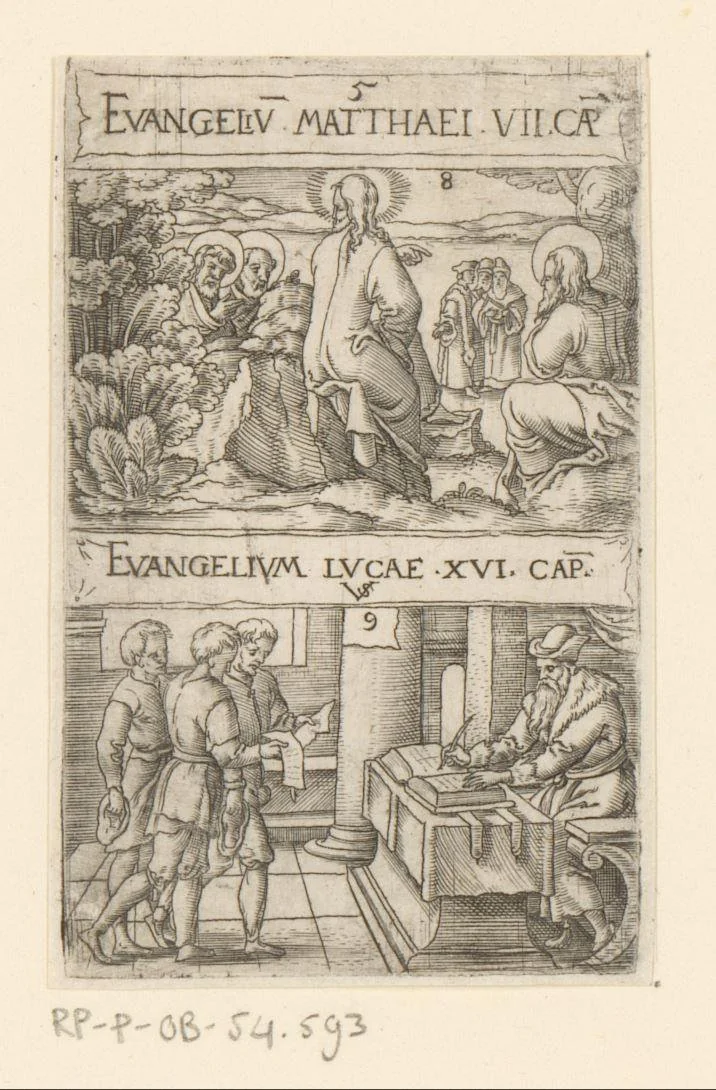 Christus waarschuwt voor valse profeten en de gelijkenis van de onrechtvaardige rentmeester by Unknown, print, 1524-1562