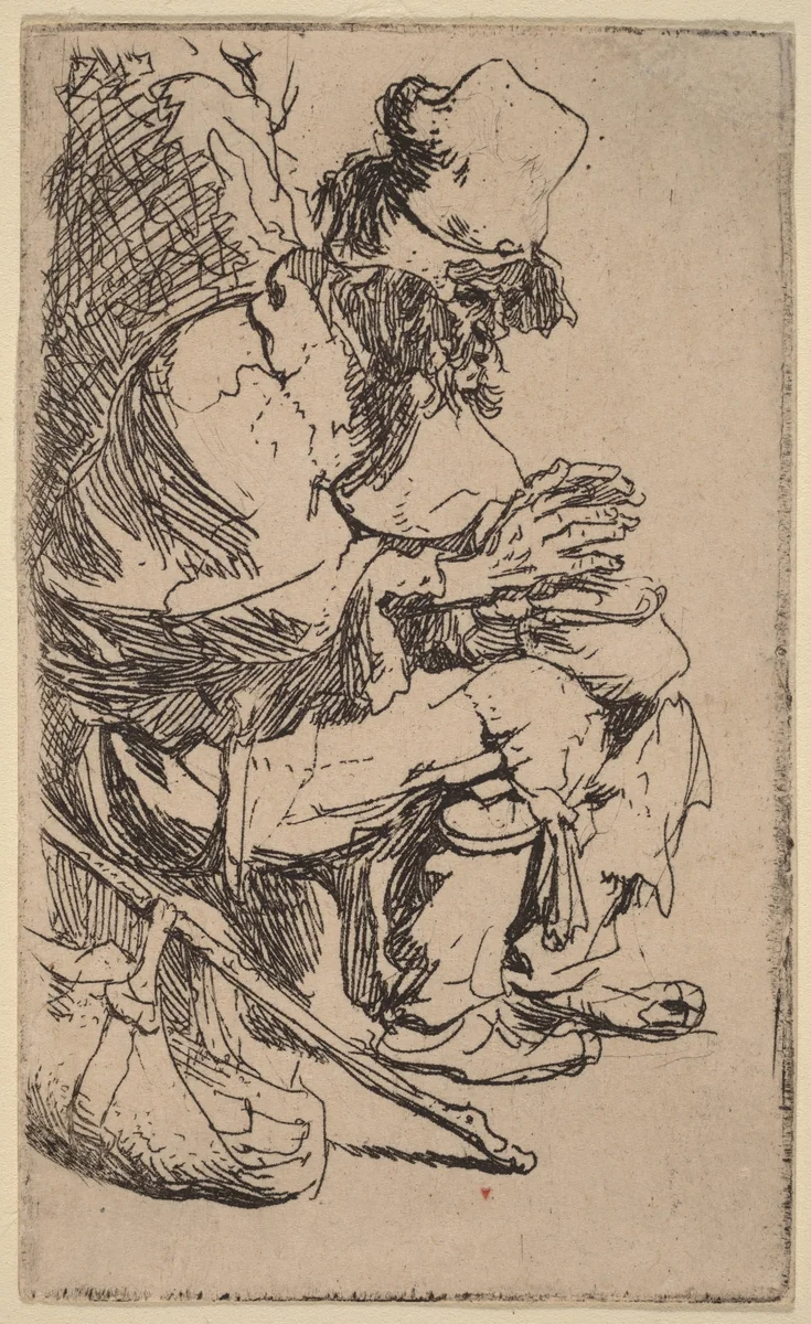 Beggar Seated Warming His Hands at a Chafing Dish by Rembrandt van Rijn, print, 1630