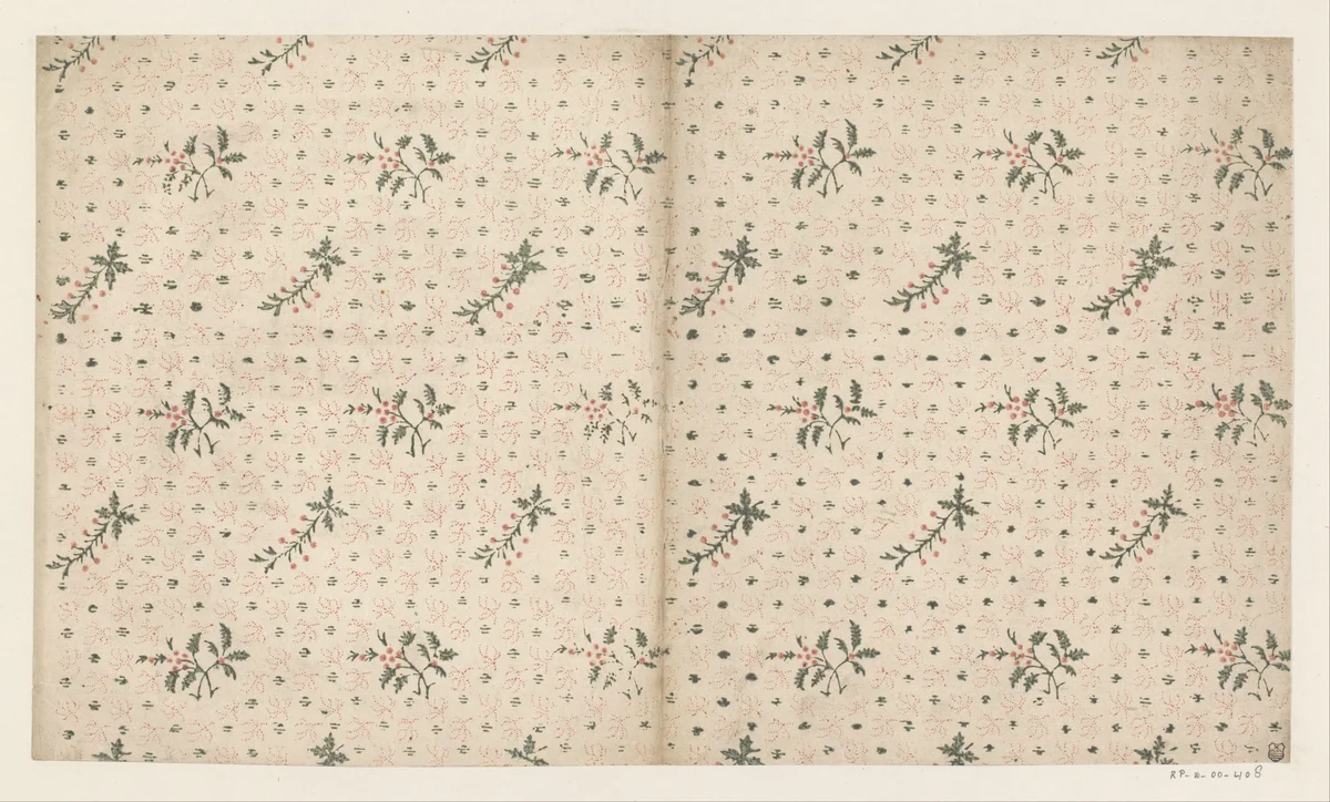 Blad met strooipatroon van tak met blaadjes en vruchtjes tussen streepjes en takjes van punten by anonymous, other, 1700-1850