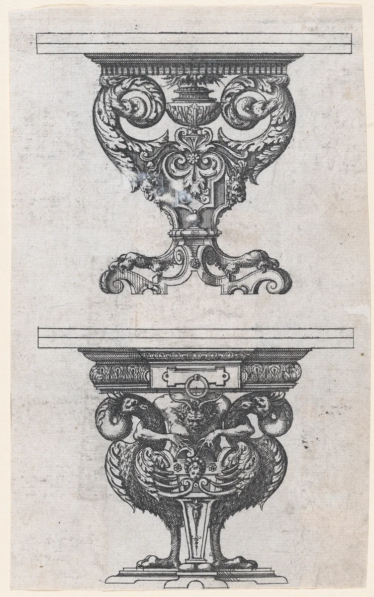 Two Table Designs by Jacques Androuet du Cerceau, print, 1565-1570