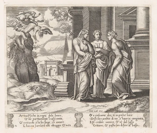 Plate 15: Psyche telling her sisters about her misfortunes, with her sisters falling off of a precipice at upper left, from "The Story of Cupid and Psyche as told by Apuleius" by Master of the Die, print, 1530-1560