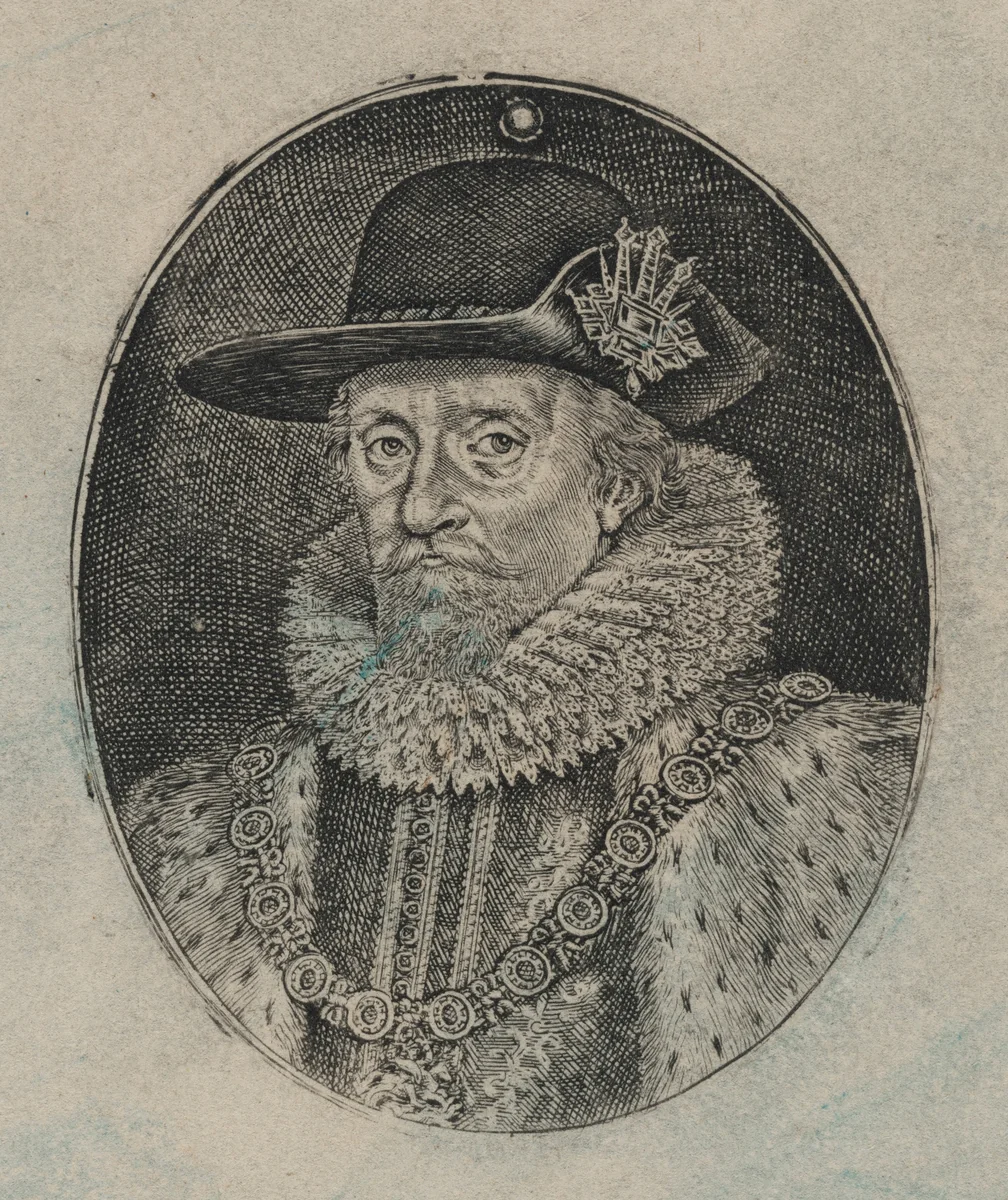James I, King of England [top half] by Simon van de Passe, print, 1595-1647