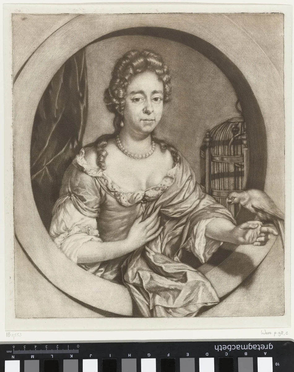Vrouw met een papegaai in een venster by Jan Verkolje, print, 1683-1755