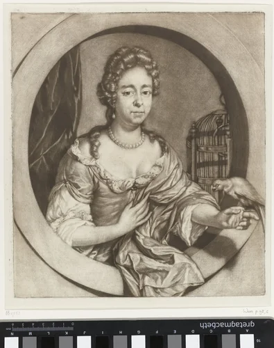 Vrouw met een papegaai in een venster by Jan Verkolje, print, 1683-1755