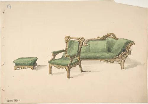Design for a Gilded Settee, Arm Chair and Footstool with Green Upholstery by anonymous, drawing, 1815-1825