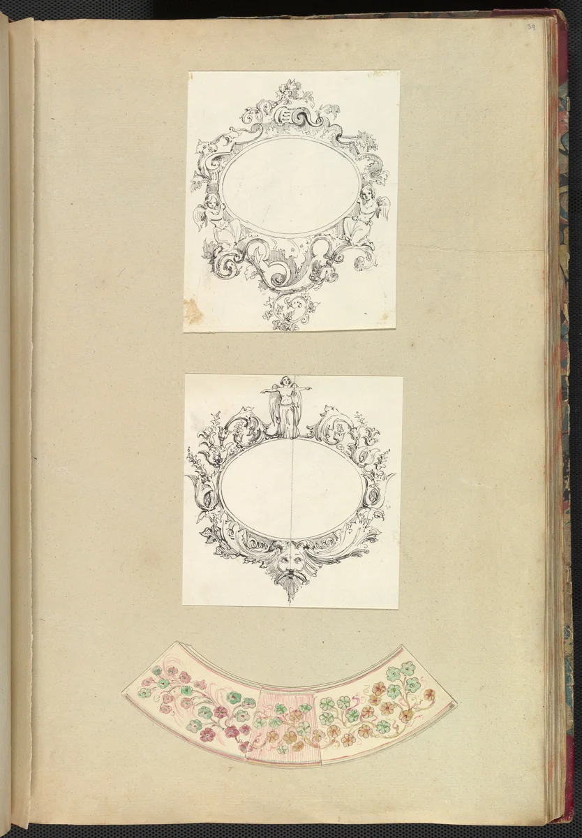 Designs for Two Mirrors and a Plate Rim by Alfred Forrester, drawing, 1845-1855